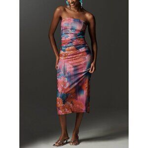 Anthropologie The Soleil Slim Strapless Ruched Mesh Dress Womens Medium Pink NWT